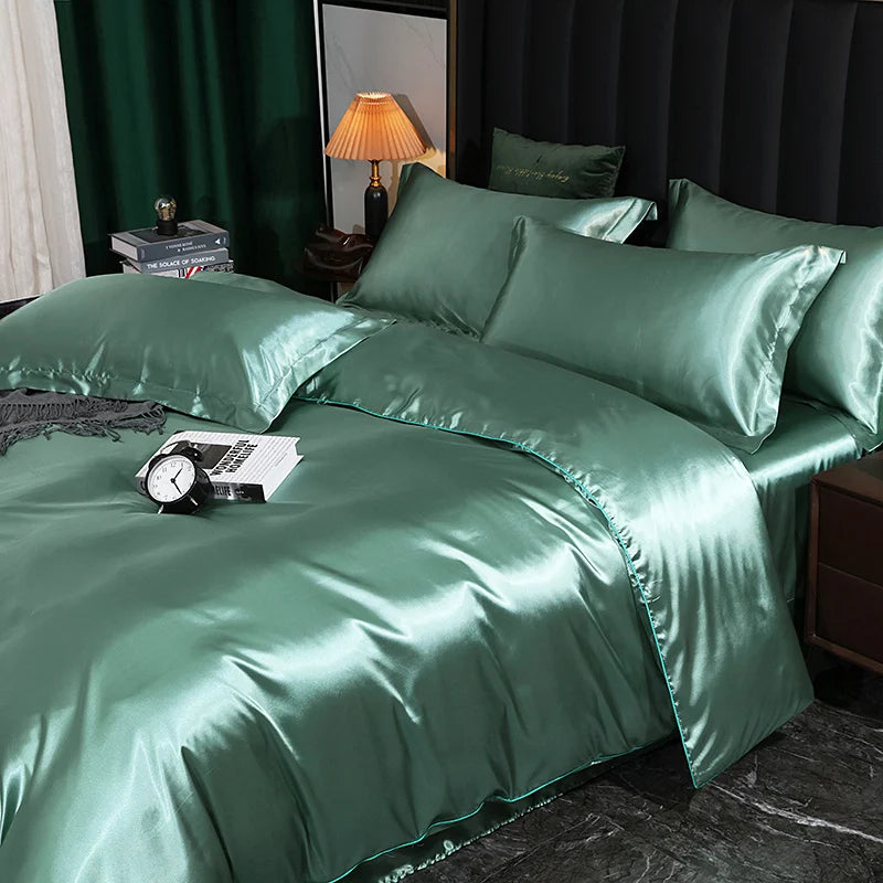 Silk Bedding Set with Duvet Cover Fitted/Flat Bed Sheet Pillowcase Luxury Satin Bedsheet Solid Color King Queen Twin Size