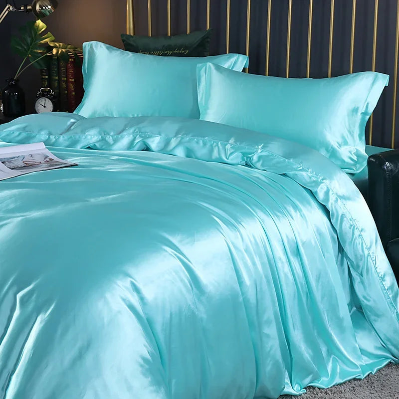 Silk Bedding Set with Duvet Cover Fitted/Flat Bed Sheet Pillowcase Luxury Satin Bedsheet Solid Color King Queen Twin Size