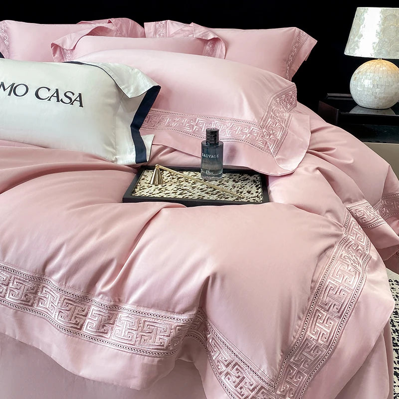 600TC Egyptian Cotton White Luxury Embroidery Hotel Style Bedding Set Duvet Cover Set Flat/Fitted Bed Sheet Pillowcases 4Pcs