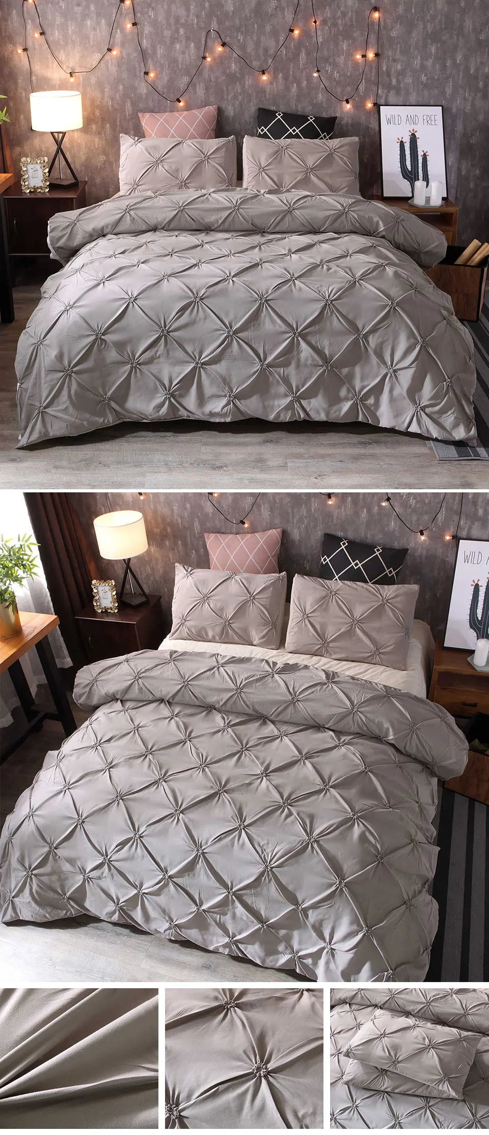 100% Egyptian Cotton Pinch Pleated Textured 3 Piece Duvet Cover with Zipper Closure & Corner Ties Bedding Set with Pillowcase