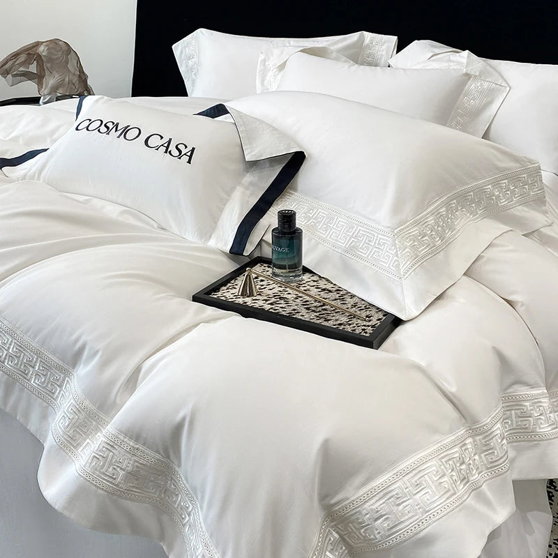 600TC Egyptian Cotton White Luxury Embroidery Hotel Style Bedding Set Duvet Cover Set Flat/Fitted Bed Sheet Pillowcases 4Pcs