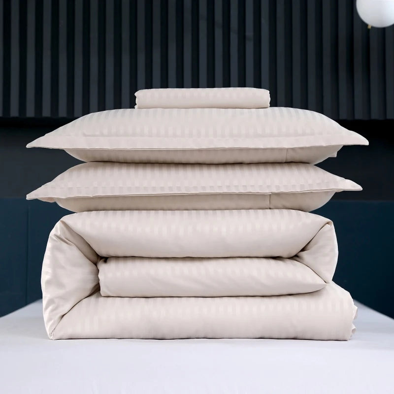 3Pcs White Satin Stripe Hotel Style Duvet Cover Set, Breathable Soft Fabric, 1 Duvet Cover 2 Pillowcases (Without Filler),