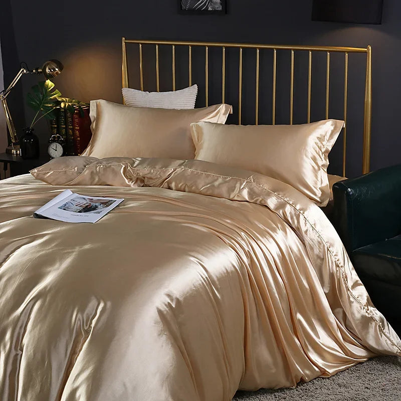 Silk Bedding Set with Duvet Cover Fitted/Flat Bed Sheet Pillowcase Luxury Satin Bedsheet Solid Color King Queen Twin Size