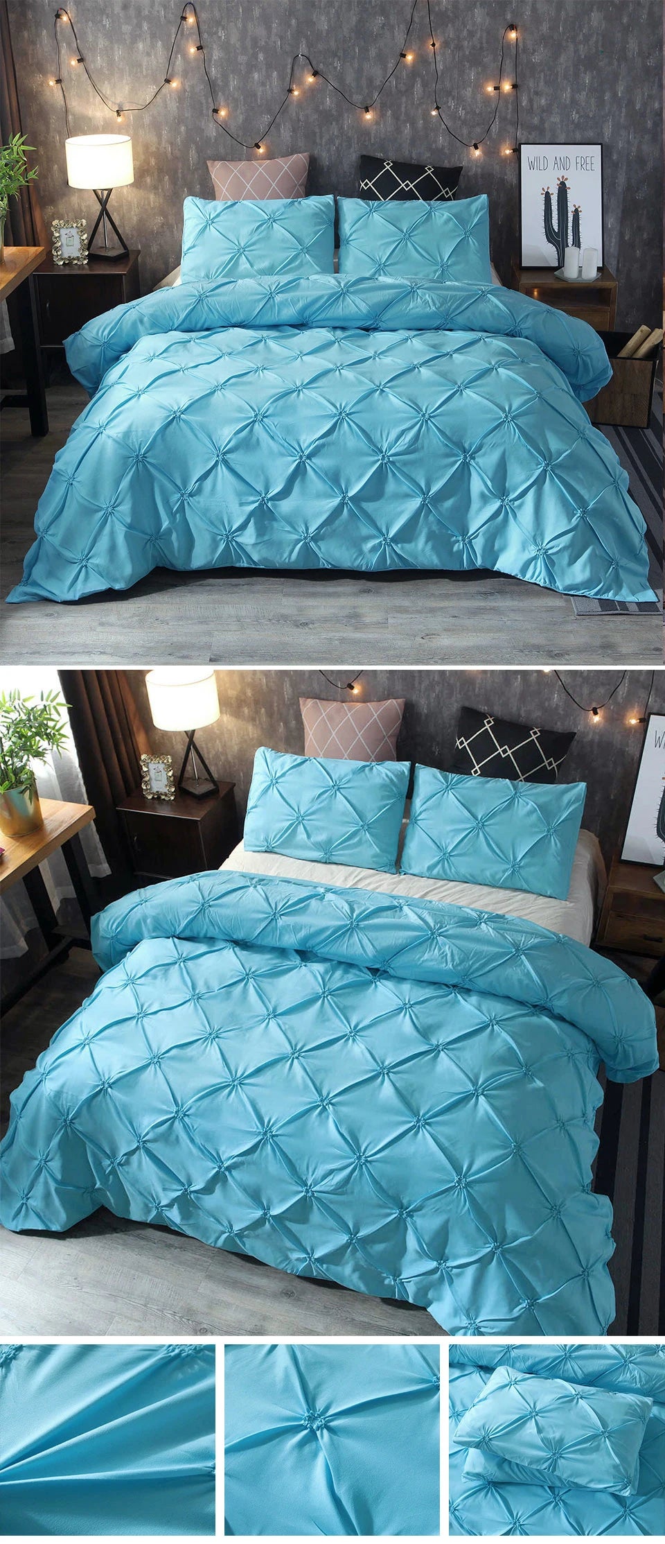 100% Egyptian Cotton Pinch Pleated Textured 3 Piece Duvet Cover with Zipper Closure & Corner Ties Bedding Set with Pillowcase