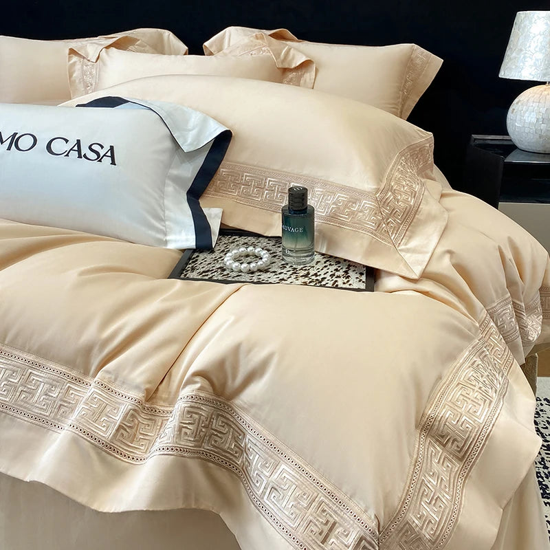 600TC Egyptian Cotton White Luxury Embroidery Hotel Style Bedding Set Duvet Cover Set Flat/Fitted Bed Sheet Pillowcases 4Pcs