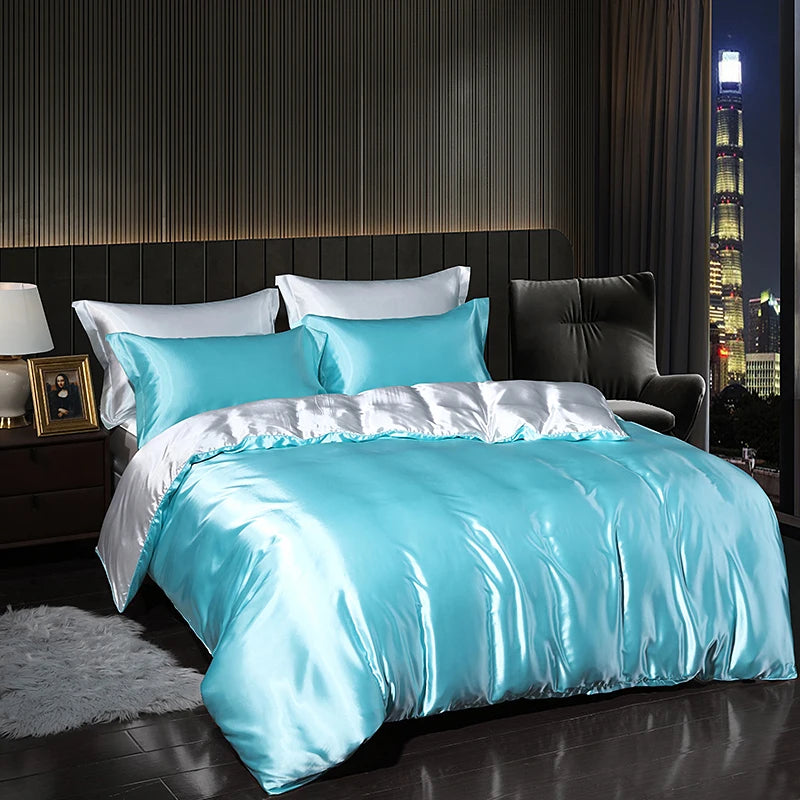 Luxury Satin  Bedding Set With Flat Sheet Duvet Cover High End Bedding Set  High Density Satin  Solid Color Bedding