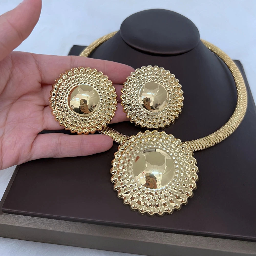 Dubai Jewelry Set for Women Round Beads Pendant Necklace and Earrings Gold Plated Jewelry Set for Weddings Bride Accessory Gift
