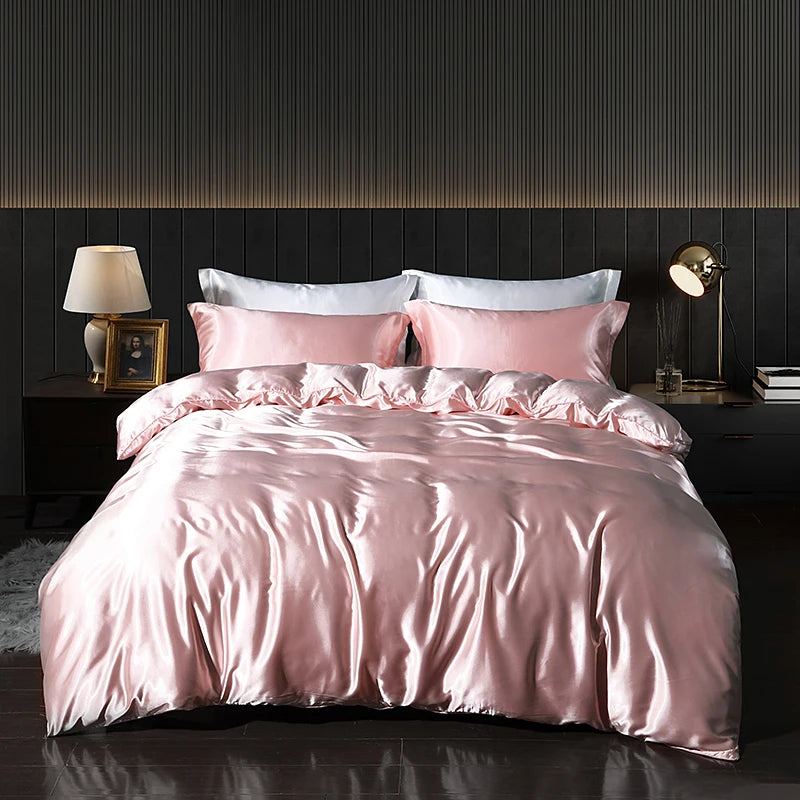 Luxury Satin  Bedding Set With Flat Sheet Duvet Cover High End Bedding Set  High Density Satin  Solid Color Bedding