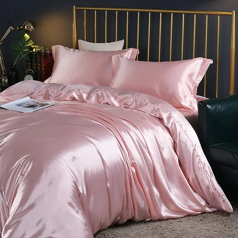 Silk Bedding Set with Duvet Cover Fitted/Flat Bed Sheet Pillowcase Luxury Satin Bedsheet Solid Color King Queen Twin Size
