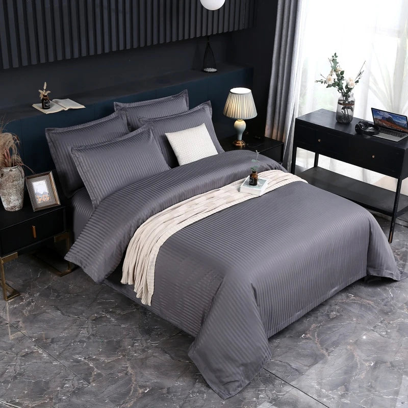 3Pcs White Satin Stripe Hotel Style Duvet Cover Set, Breathable Soft Fabric, 1 Duvet Cover 2 Pillowcases (Without Filler),