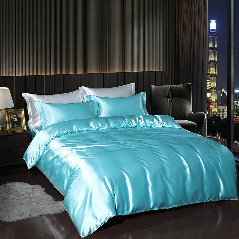 Luxury Satin  Bedding Set With Flat Sheet Duvet Cover High End Bedding Set  High Density Satin  Solid Color Bedding