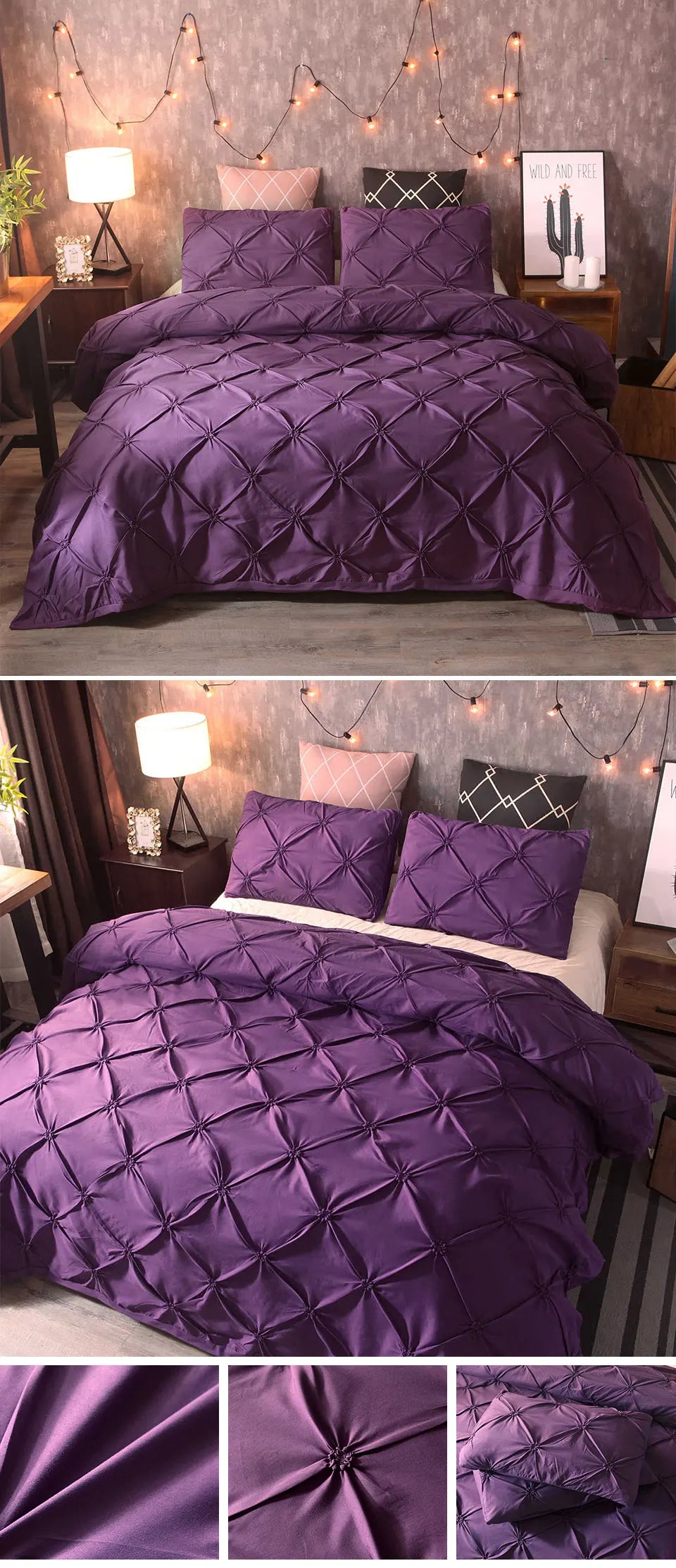 100% Egyptian Cotton Pinch Pleated Textured 3 Piece Duvet Cover with Zipper Closure & Corner Ties Bedding Set with Pillowcase