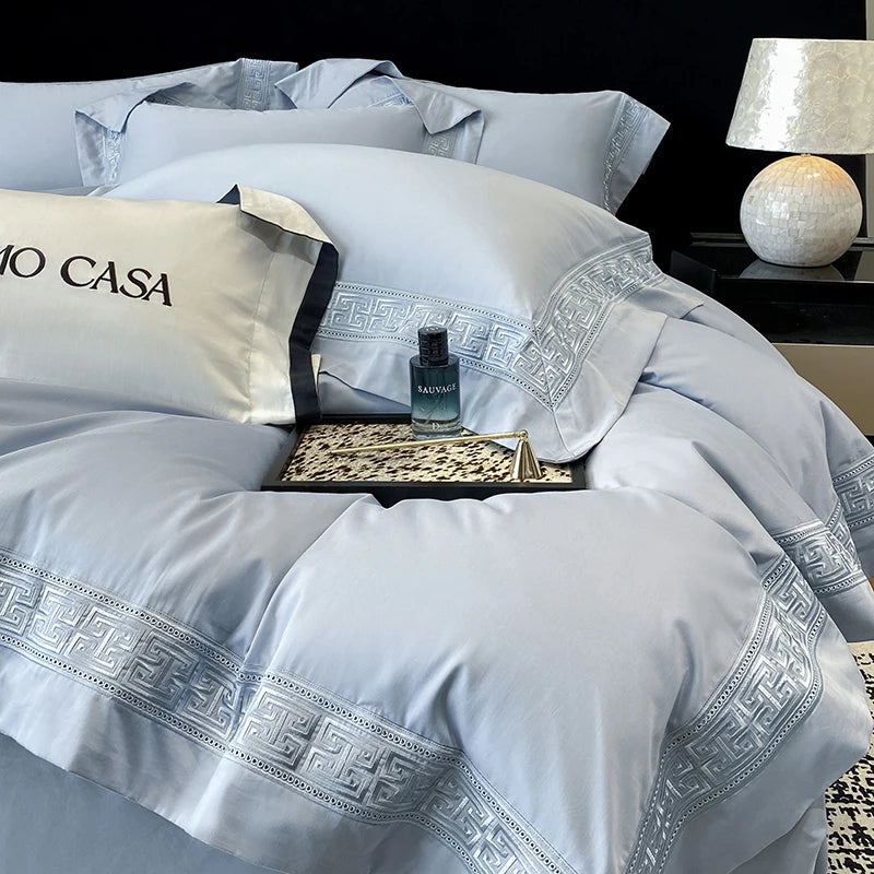600TC Egyptian Cotton White Luxury Embroidery Hotel Style Bedding Set Duvet Cover Set Flat/Fitted Bed Sheet Pillowcases 4Pcs