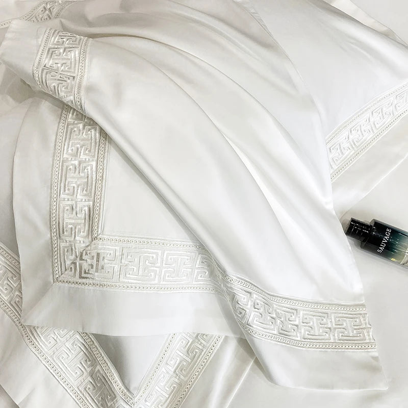 600TC Egyptian Cotton White Luxury Embroidery Hotel Style Bedding Set Duvet Cover Set Flat/Fitted Bed Sheet Pillowcases 4Pcs
