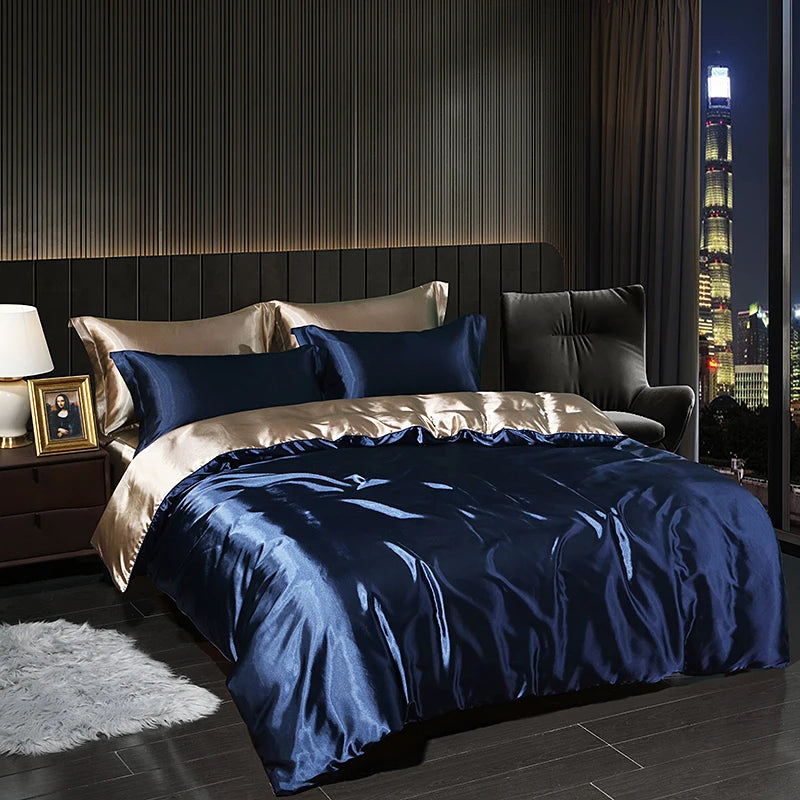 Luxury Satin  Bedding Set With Flat Sheet Duvet Cover High End Bedding Set  High Density Satin  Solid Color Bedding