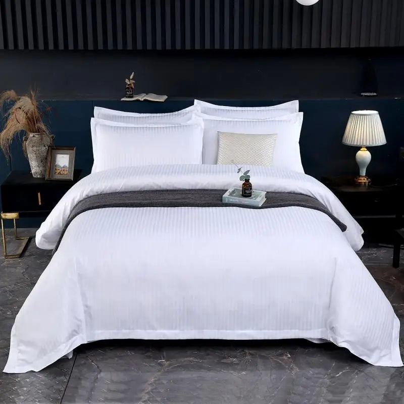 3Pcs White Satin Stripe Hotel Style Duvet Cover Set, Breathable Soft Fabric, 1 Duvet Cover 2 Pillowcases (Without Filler),