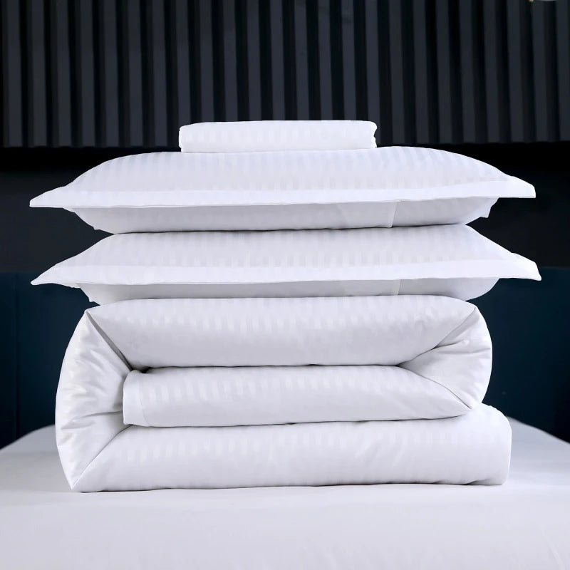 3Pcs White Satin Stripe Hotel Style Duvet Cover Set, Breathable Soft Fabric, 1 Duvet Cover 2 Pillowcases (Without Filler),