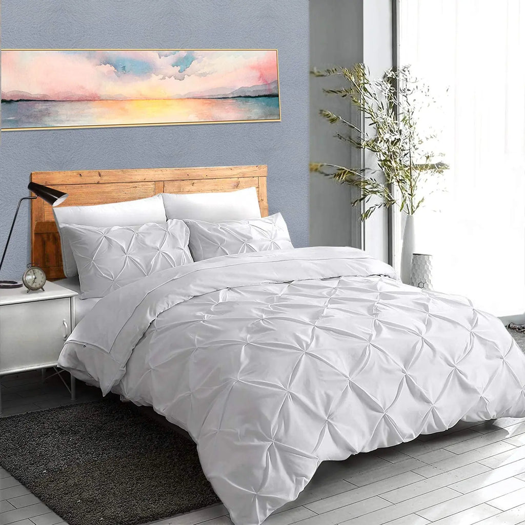 100% Egyptian Cotton Pinch Pleated Textured 3 Piece Duvet Cover with Zipper Closure & Corner Ties Bedding Set with Pillowcase