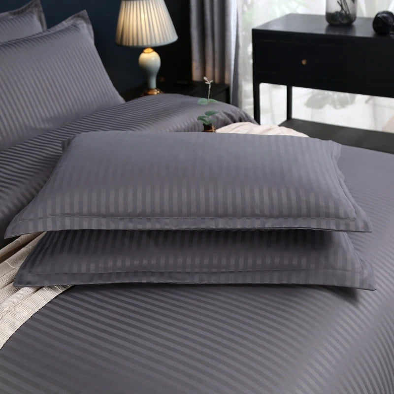 3Pcs White Satin Stripe Hotel Style Duvet Cover Set, Breathable Soft Fabric, 1 Duvet Cover 2 Pillowcases (Without Filler),