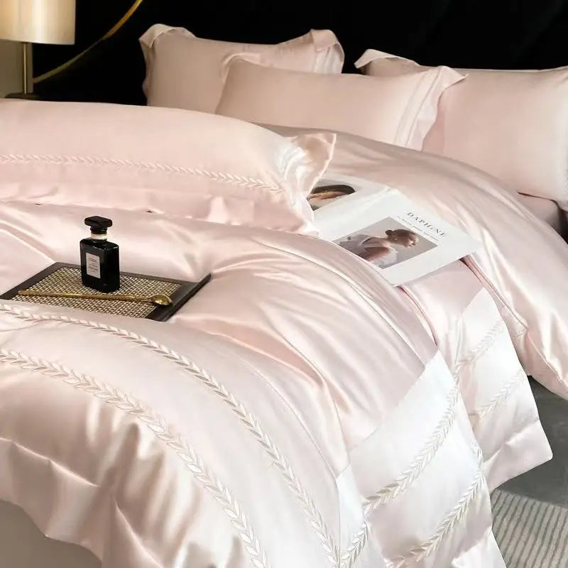 Luxury 100% Tencel Bedding Set 4pcs With Sheet 2025 New Summer Solid Embroidery Queen King Size Duvet Cover Pillowcases