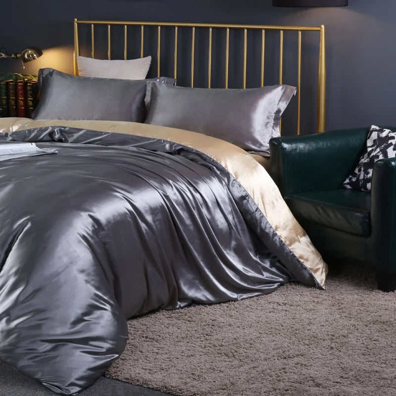 Silk Bedding Set with Duvet Cover Fitted/Flat Bed Sheet Pillowcase Luxury Satin Bedsheet Solid Color King Queen Twin Size