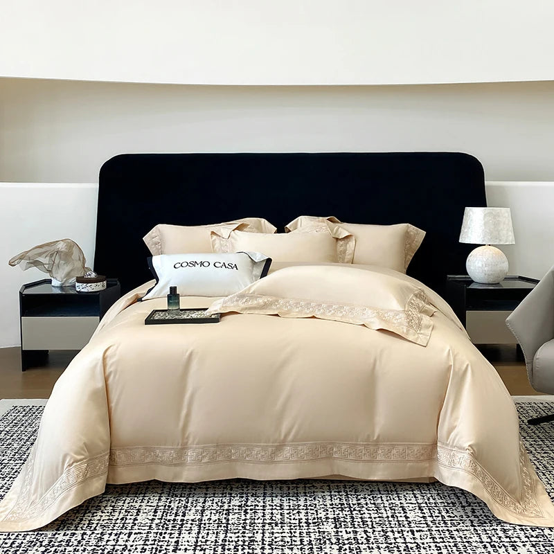 600TC Egyptian Cotton White Luxury Embroidery Hotel Style Bedding Set Duvet Cover Set Flat/Fitted Bed Sheet Pillowcases 4Pcs