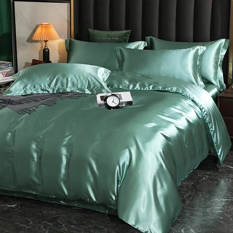 Luxury Satin  Bedding Set With Flat Sheet Duvet Cover High End Bedding Set  High Density Satin  Solid Color Bedding