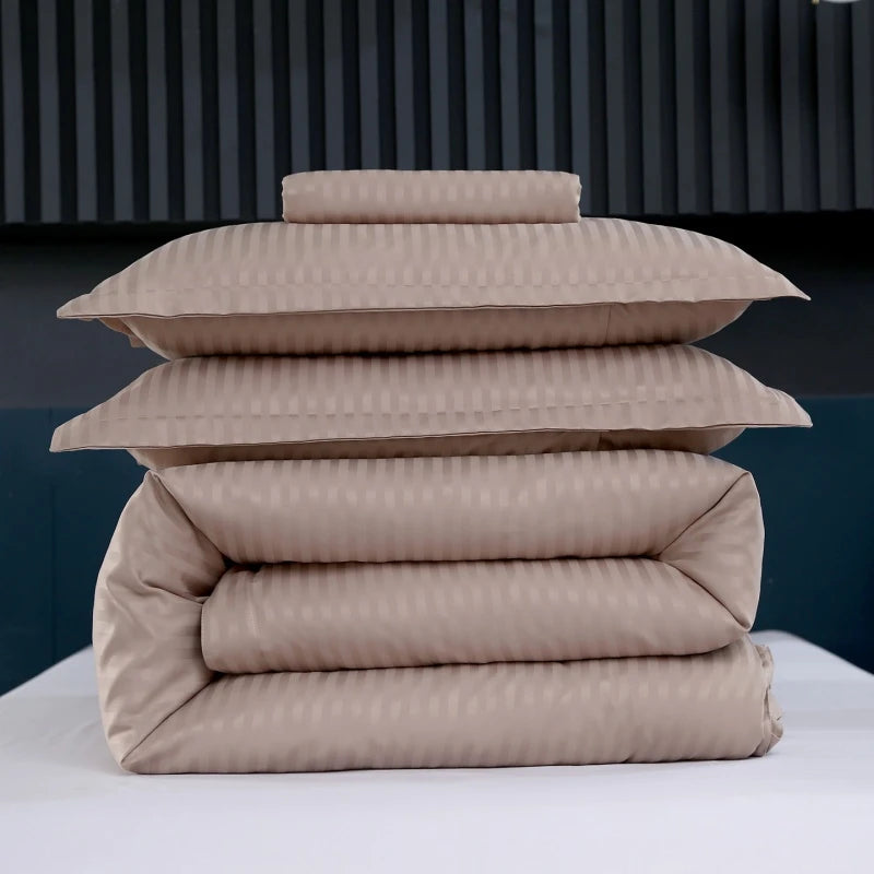 3Pcs White Satin Stripe Hotel Style Duvet Cover Set, Breathable Soft Fabric, 1 Duvet Cover 2 Pillowcases (Without Filler),