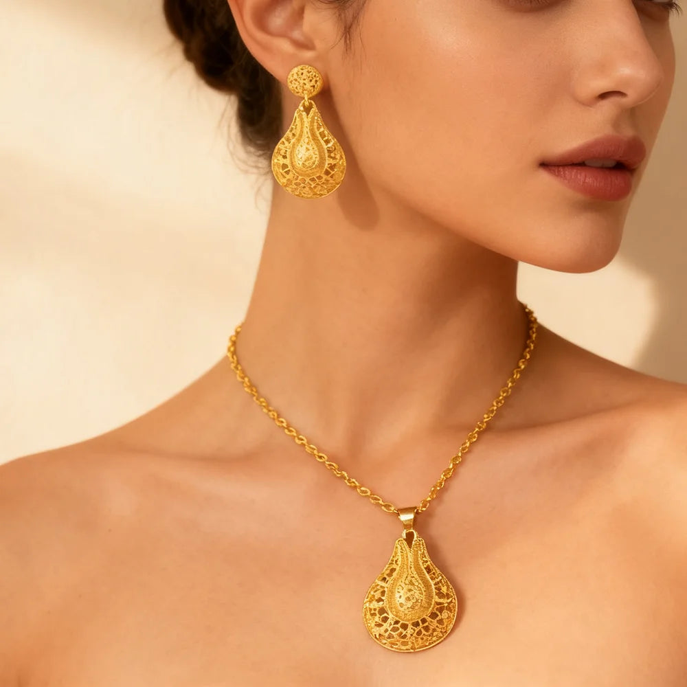 dubai 18k gold color jewelry set for woman wedding party necklace earrings sets indian jewelry set free shipping Wholesale