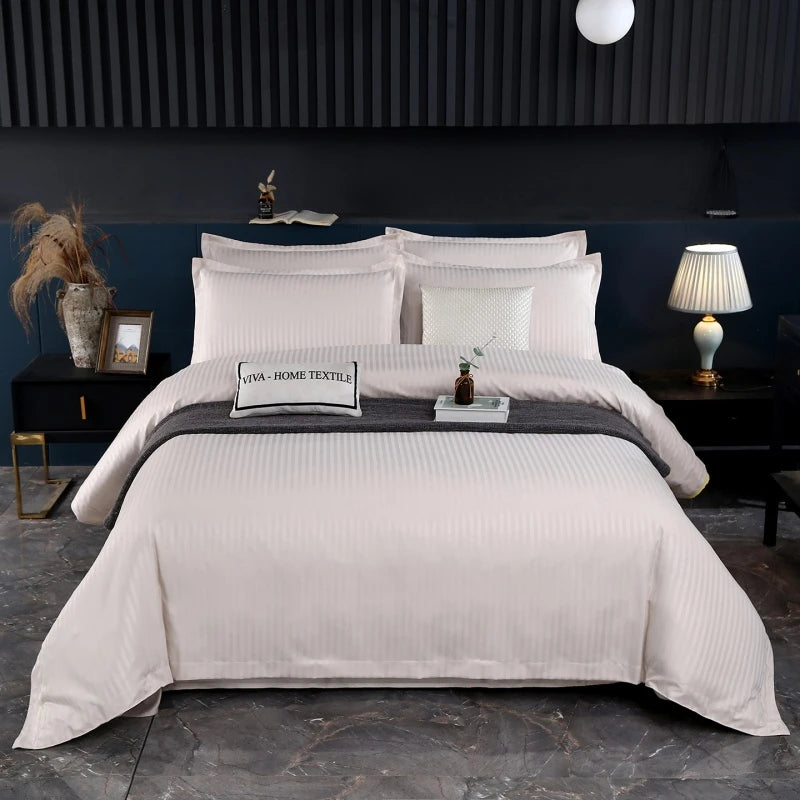 3Pcs White Satin Stripe Hotel Style Duvet Cover Set, Breathable Soft Fabric, 1 Duvet Cover 2 Pillowcases (Without Filler),