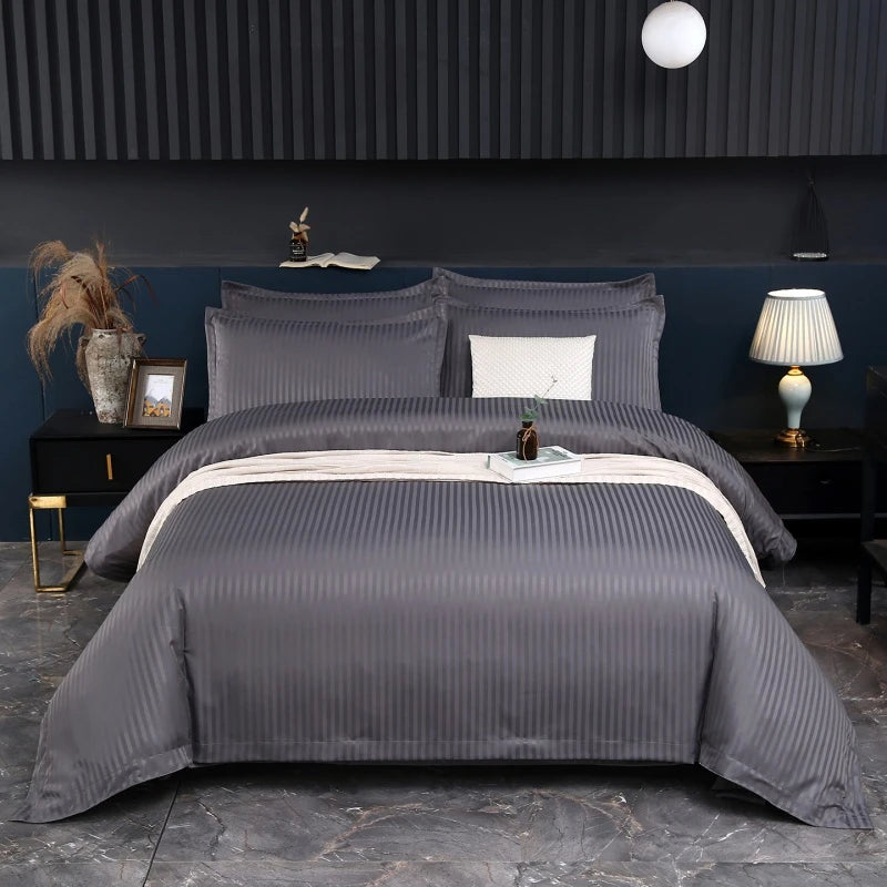 3Pcs White Satin Stripe Hotel Style Duvet Cover Set, Breathable Soft Fabric, 1 Duvet Cover 2 Pillowcases (Without Filler),