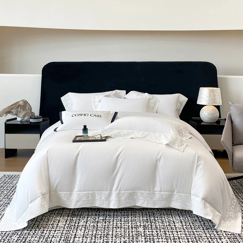 600TC Egyptian Cotton White Luxury Embroidery Hotel Style Bedding Set Duvet Cover Set Flat/Fitted Bed Sheet Pillowcases 4Pcs