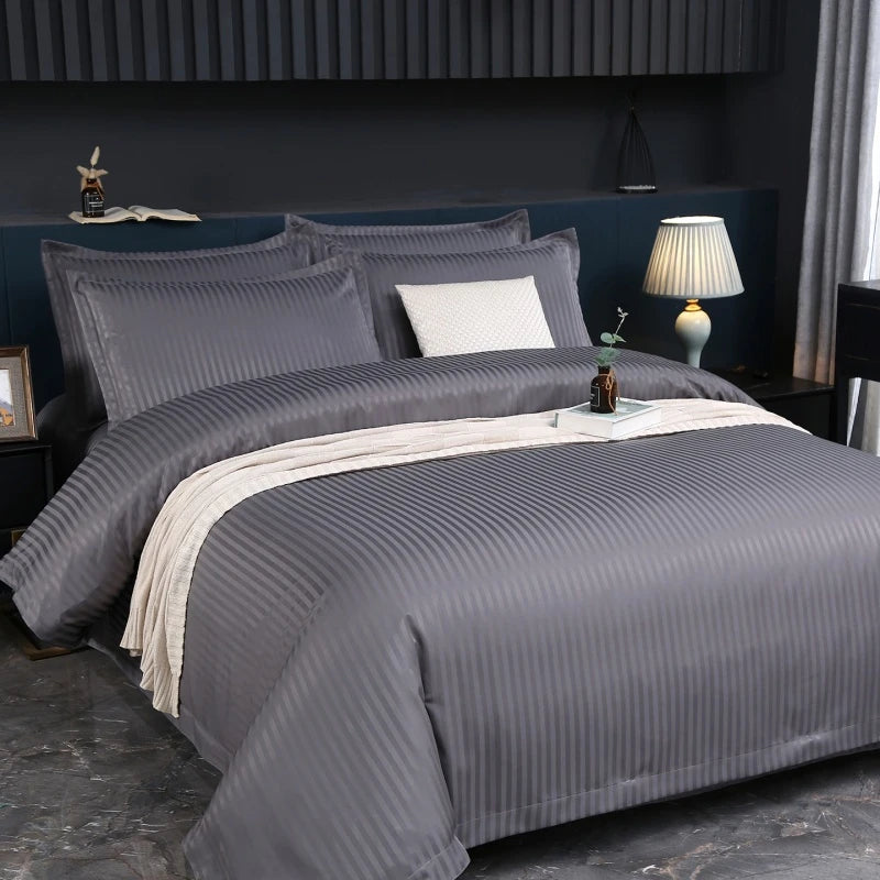 3Pcs White Satin Stripe Hotel Style Duvet Cover Set, Breathable Soft Fabric, 1 Duvet Cover 2 Pillowcases (Without Filler),