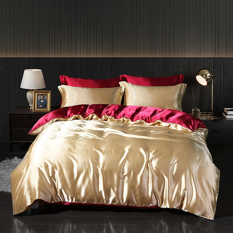 Luxury Satin  Bedding Set With Flat Sheet Duvet Cover High End Bedding Set  High Density Satin  Solid Color Bedding