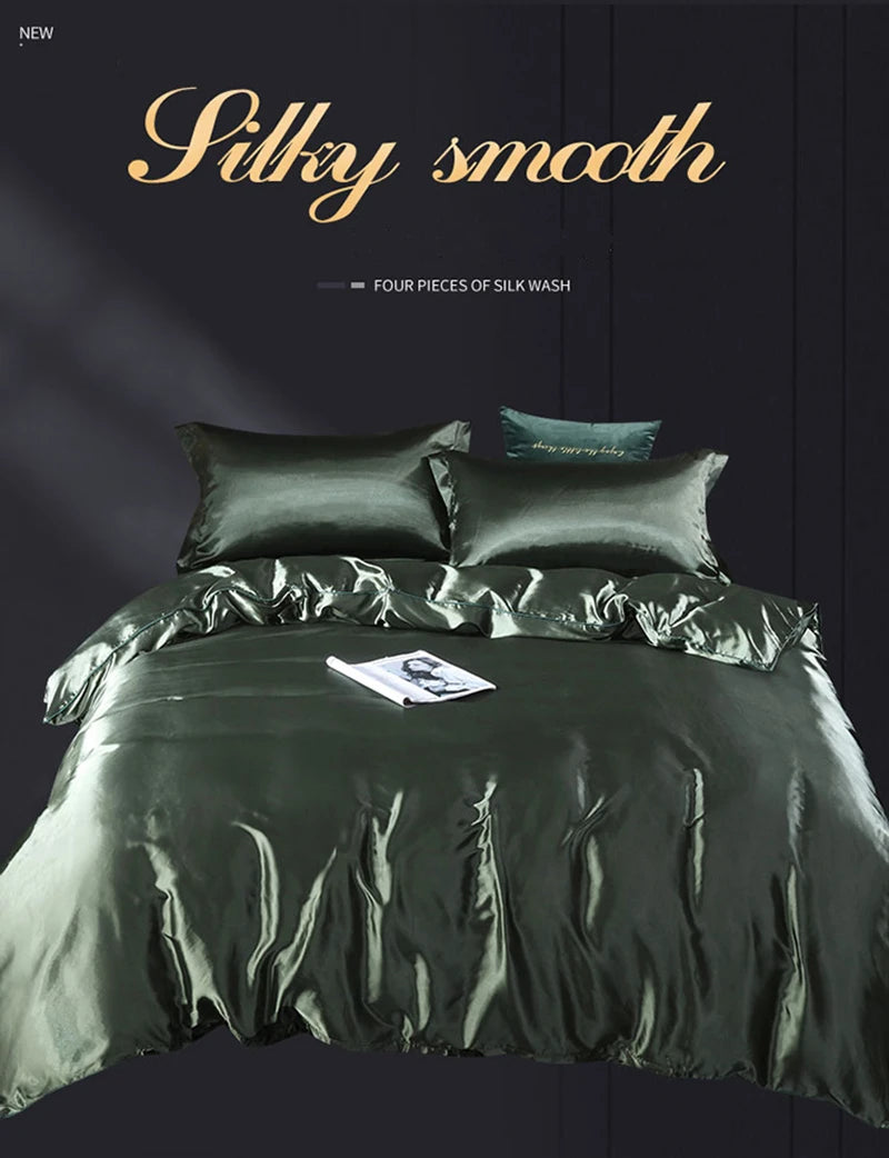 Silk Bedding Set with Duvet Cover Fitted/Flat Bed Sheet Pillowcase Luxury Satin Bedsheet Solid Color King Queen Twin Size