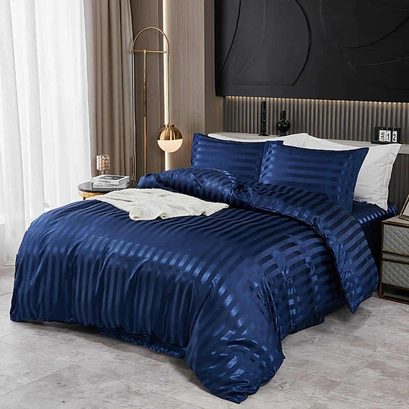 3 pieces of simple and classic satin striped duvet cover set, suitable for bedrooms, dormitories and hotels, holiday gifts