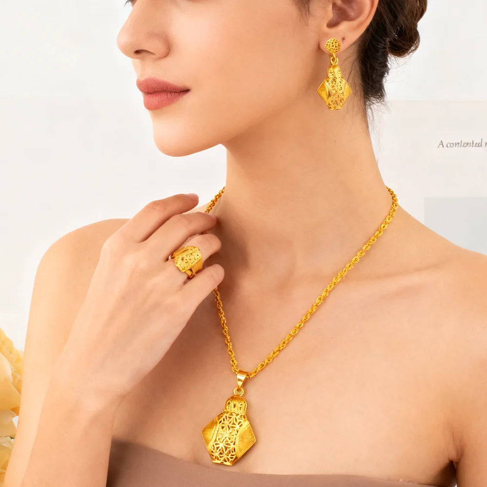 dubai 18k gold color jewelry set for woman wedding party necklace earrings sets indian jewelry set free shipping Wholesale