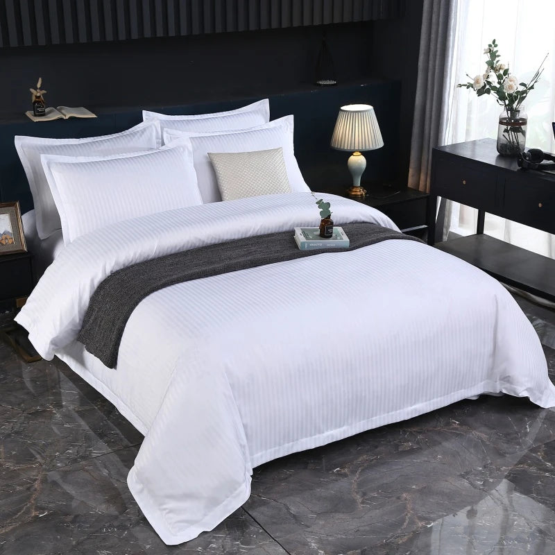 3Pcs White Satin Stripe Hotel Style Duvet Cover Set, Breathable Soft Fabric, 1 Duvet Cover 2 Pillowcases (Without Filler),