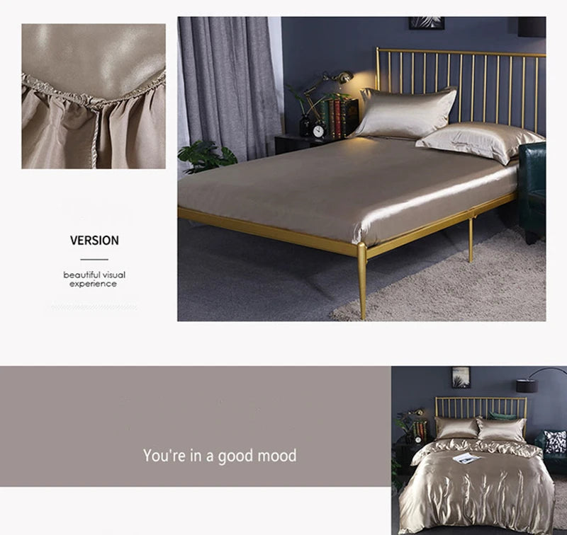 Silk Bedding Set with Duvet Cover Fitted/Flat Bed Sheet Pillowcase Luxury Satin Bedsheet Solid Color King Queen Twin Size