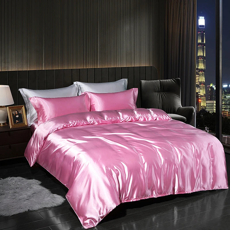 Luxury Satin  Bedding Set With Flat Sheet Duvet Cover High End Bedding Set  High Density Satin  Solid Color Bedding