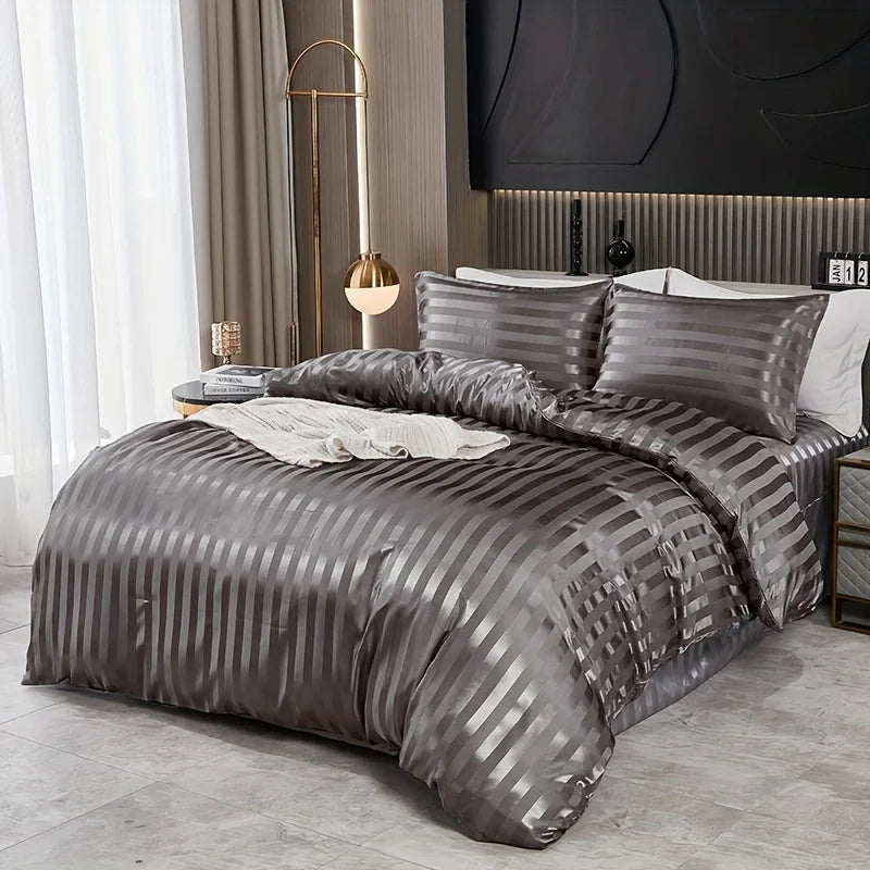 3 pieces of simple and classic satin striped duvet cover set, suitable for bedrooms, dormitories and hotels, holiday gifts